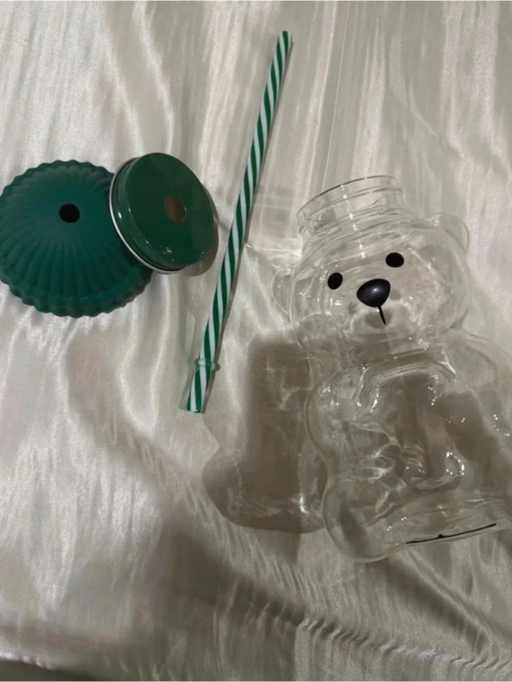 UNBRANDED glass bear cup with lid, beanie, and straw